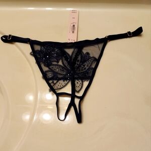 Victoria's Secret Black Lace Thong Panties with Strappy Details,with Rhinestone